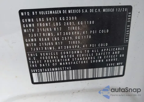 2021 Volkswagen Tiguan 2.0T Se/2.0T Se R-Line Black/2.0T Sel z USA, uszkodzony, nr VIN 3VV2B7AX5MM057743